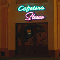 Firma exterioara din tabla galvanizata vopsita formand conturul aproximat al literelor.Litere din autocolant deasupra carora a fost montat tubul de neon modelat.