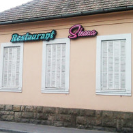 Contur aproximat din tabla zincata vopsita decorat cu autocolant si tuburi de neon modelat montate desupra.